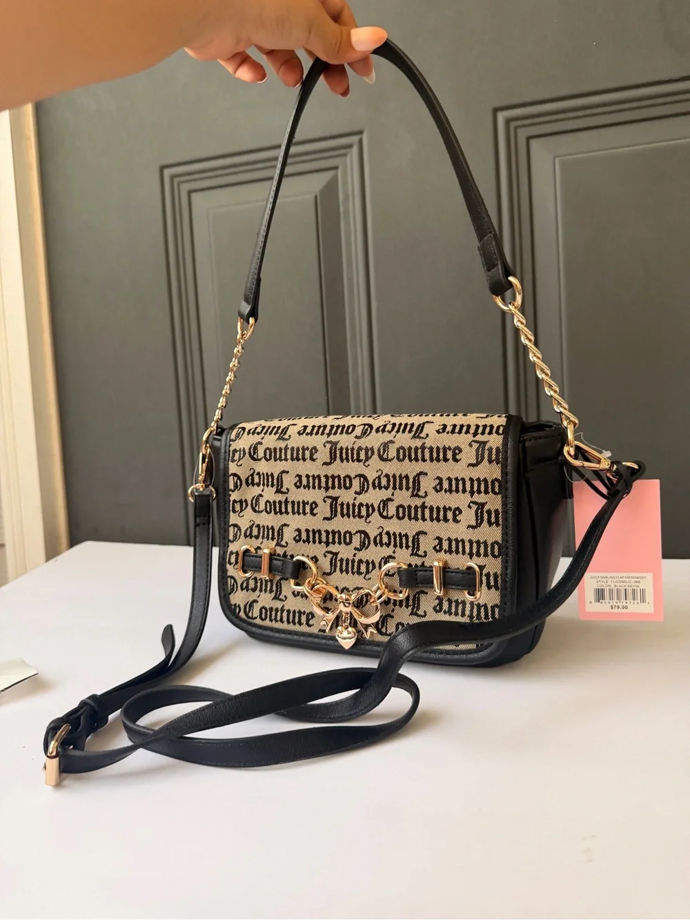 Juicy Couture Black & Beige Logo Canvas Shoulder Bag with Gold Hardware